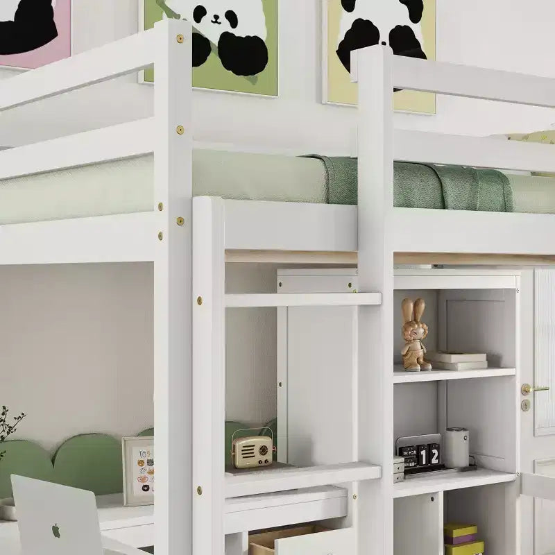 Lit mezzanine Bellemave avec bureau, étagères de rangement et tiroirs, cadre de lit mezzanine en bois avec barrières de sécurité et échelle intégrée pour adolescents et adultes
