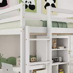 Lit mezzanine Bellemave avec bureau, étagères de rangement et tiroirs, cadre de lit mezzanine en bois avec barrières de sécurité et échelle intégrée pour adolescents et adultes