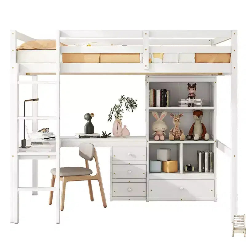 Lit mezzanine Bellemave avec bureau, étagères de rangement et tiroirs, cadre de lit mezzanine en bois avec barrières de sécurité et échelle intégrée pour adolescents et adultes