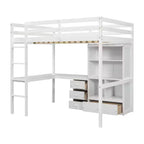 Lit mezzanine Bellemave avec bureau, étagères de rangement et tiroirs, cadre de lit mezzanine en bois avec barrières de sécurité et échelle intégrée pour adolescents et adultes