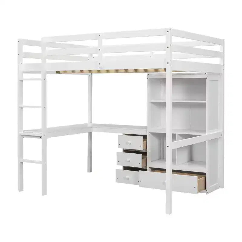 Lit mezzanine Bellemave avec bureau, étagères de rangement et tiroirs, cadre de lit mezzanine en bois avec barrières de sécurité et échelle intégrée pour adolescents et adultes