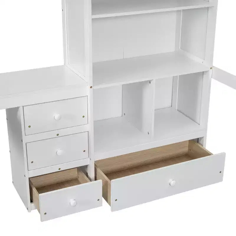 Lit mezzanine Bellemave avec bureau, étagères de rangement et tiroirs, cadre de lit mezzanine en bois avec barrières de sécurité et échelle intégrée pour adolescents et adultes