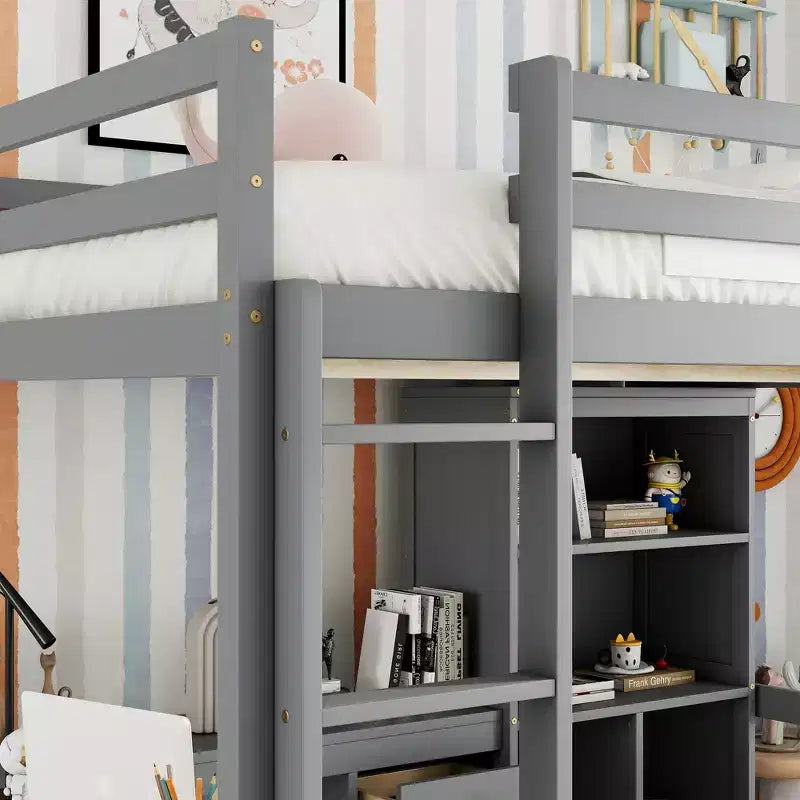 Lit mezzanine Bellemave avec bureau, étagères de rangement et tiroirs, cadre de lit mezzanine en bois avec barrières de sécurité et échelle intégrée pour adolescents et adultes