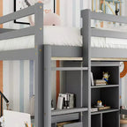 Lit mezzanine Bellemave avec bureau, étagères de rangement et tiroirs, cadre de lit mezzanine en bois avec barrières de sécurité et échelle intégrée pour adolescents et adultes