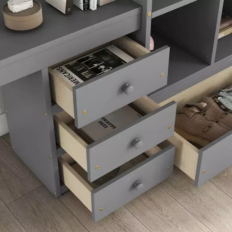 Lit mezzanine Bellemave avec bureau, étagères de rangement et tiroirs, cadre de lit mezzanine en bois avec barrières de sécurité et échelle intégrée pour adolescents et adultes