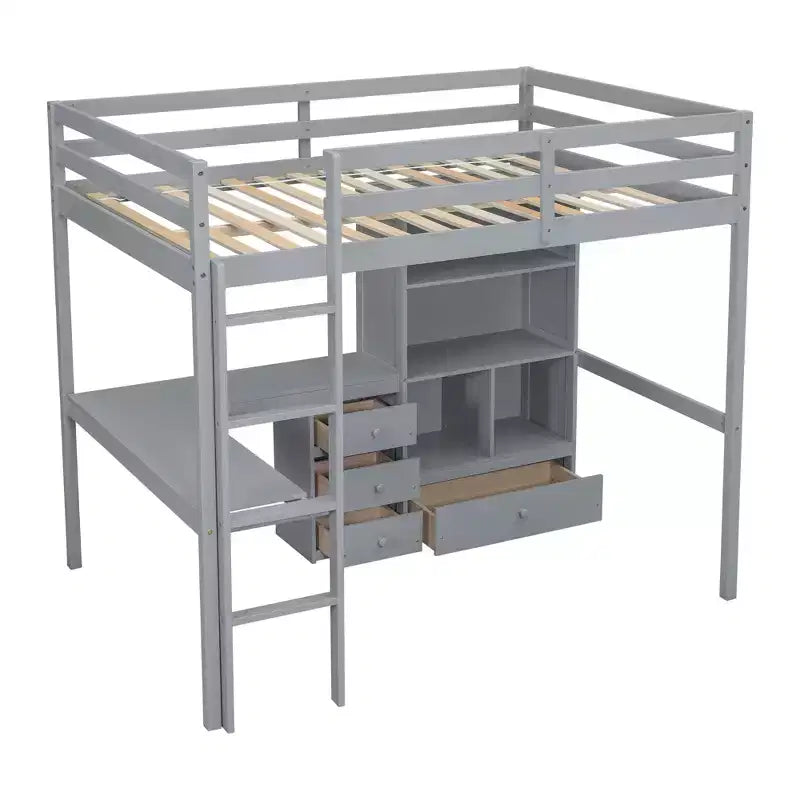Lit mezzanine Bellemave avec bureau, étagères de rangement et tiroirs, cadre de lit mezzanine en bois avec barrières de sécurité et échelle intégrée pour adolescents et adultes