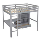 Lit mezzanine Bellemave avec bureau, étagères de rangement et tiroirs, cadre de lit mezzanine en bois avec barrières de sécurité et échelle intégrée pour adolescents et adultes