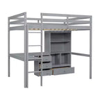 Lit mezzanine Bellemave avec bureau, étagères de rangement et tiroirs, cadre de lit mezzanine en bois avec barrières de sécurité et échelle intégrée pour adolescents et adultes