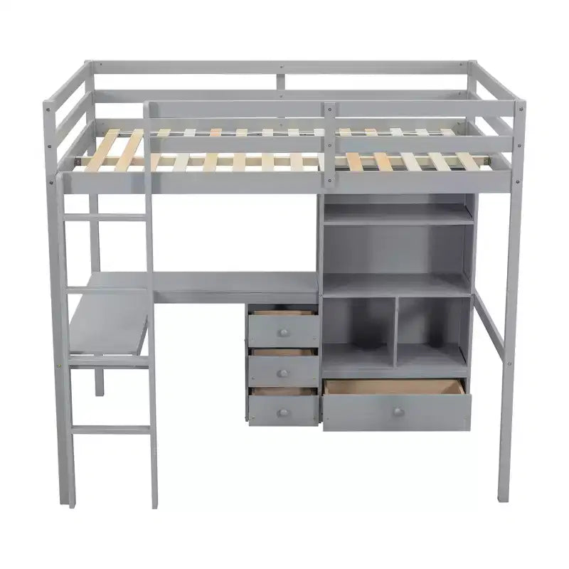 Lit mezzanine Bellemave avec bureau, étagères de rangement et tiroirs, cadre de lit mezzanine en bois avec barrières de sécurité et échelle intégrée pour adolescents et adultes