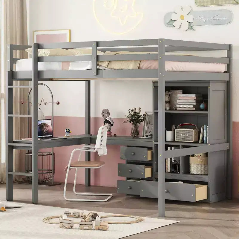 Bellemave Full Loft Bed with Desk, Storage Shelves and Drawers,Wood Loft Bed Frame with Guardrails and Built-in Ladder for Teens and Adults