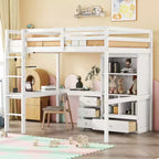 Lit mezzanine Bellemave avec bureau, étagères de rangement et tiroirs, cadre de lit mezzanine en bois avec barrières de sécurité et échelle intégrée pour adolescents et adultes