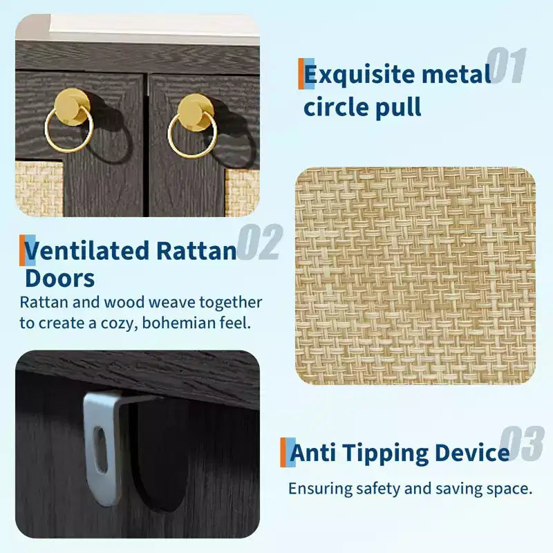 Meuble à chaussures en rotin pour entrée, étagère de rangement étroite de style ferme avec 2 portes pour vestibule, couloir, salon