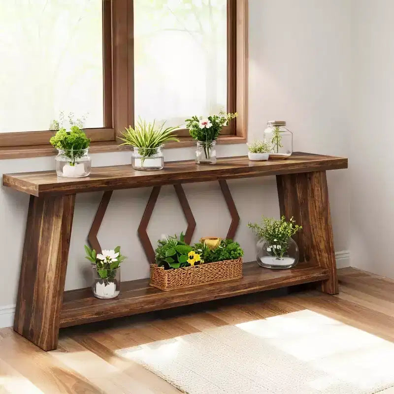 MAYEERTY 70.86 Table console à 2 niveaux extra longue, table de canapé rustique avec cadre en métal