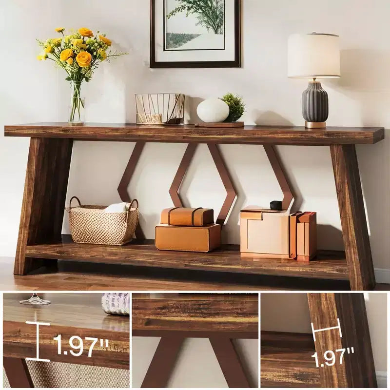 MAYEERTY 70.86 Table console à 2 niveaux extra longue, table de canapé rustique avec cadre en métal