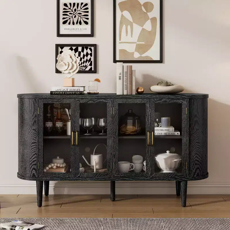 JVNOXK 60-inch Farmhouse-Style Storage Sideboard with Glass Doors and Adjustable Shelves, Wooden Buffet Cabinet for Kitchen, Black