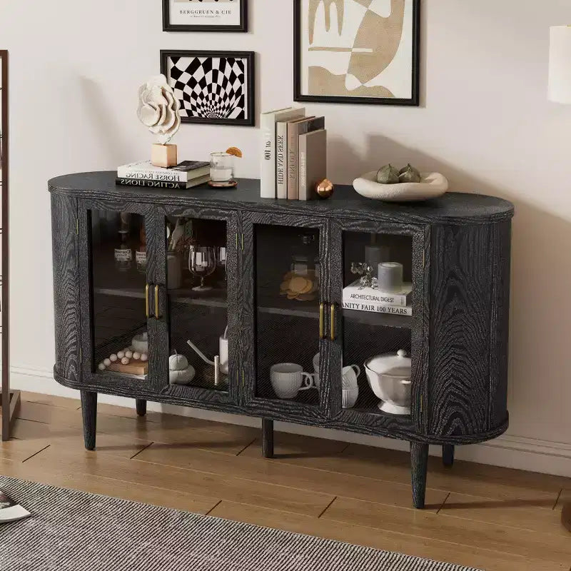 JVNOXK Buffet de rangement style ferme de 60 pouces avec portes vitrées et étagères réglables, Armoire de buffet en bois pour cuisine, Noir
