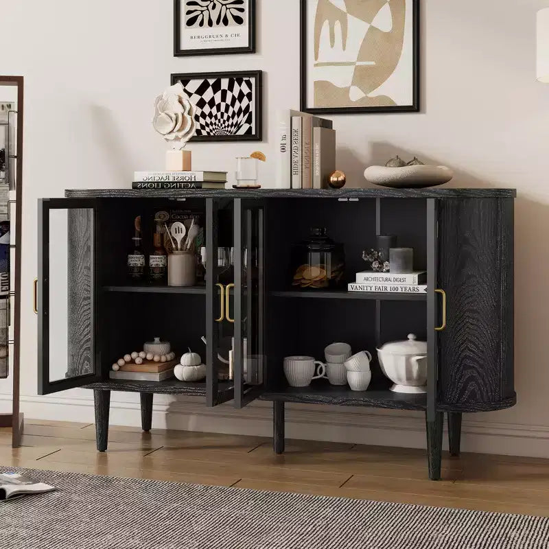 JVNOXK Buffet de rangement style ferme de 60 pouces avec portes vitrées et étagères réglables, Armoire de buffet en bois pour cuisine, Noir