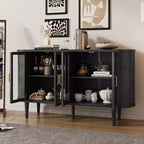 JVNOXK Buffet de rangement style ferme de 60 pouces avec portes vitrées et étagères réglables, Armoire de buffet en bois pour cuisine, Noir