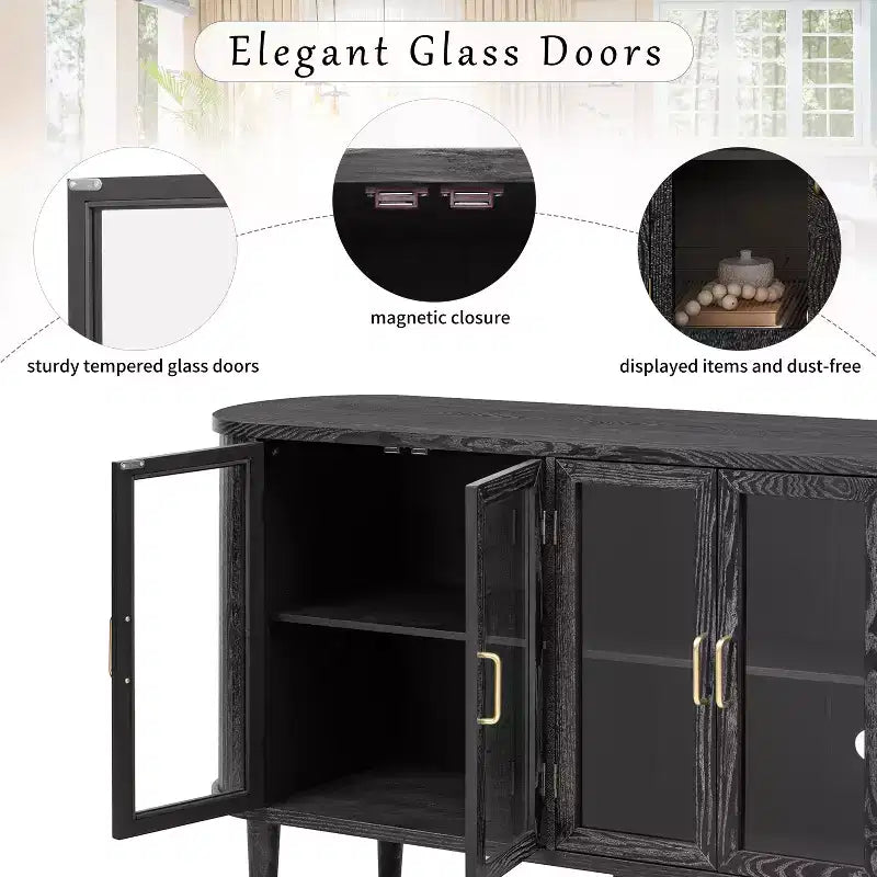 JVNOXK Buffet de rangement style ferme de 60 pouces avec portes vitrées et étagères réglables, Armoire de buffet en bois pour cuisine, Noir