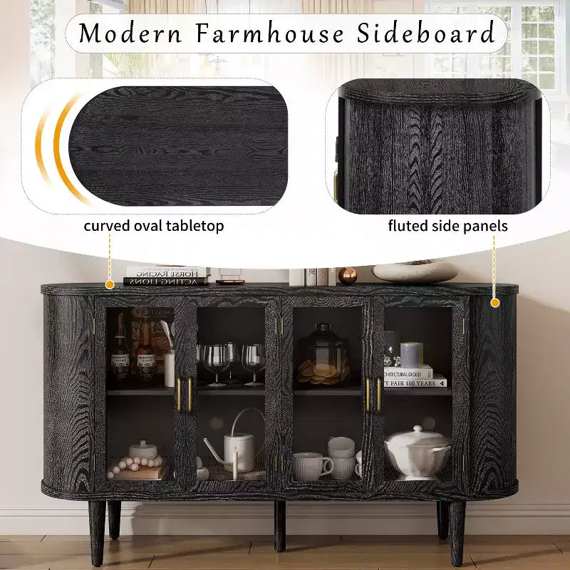 JVNOXK Buffet de rangement style ferme de 60 pouces avec portes vitrées et étagères réglables, Armoire de buffet en bois pour cuisine, Noir