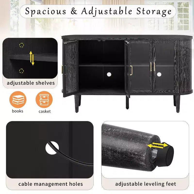 JVNOXK Buffet de rangement style ferme de 60 pouces avec portes vitrées et étagères réglables, Armoire de buffet en bois pour cuisine, Noir