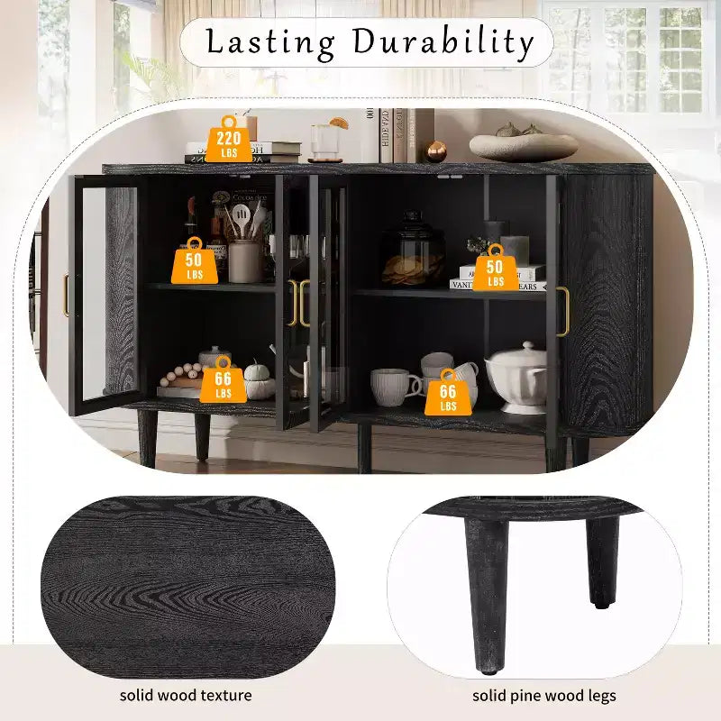 JVNOXK Buffet de rangement style ferme de 60 pouces avec portes vitrées et étagères réglables, Armoire de buffet en bois pour cuisine, Noir