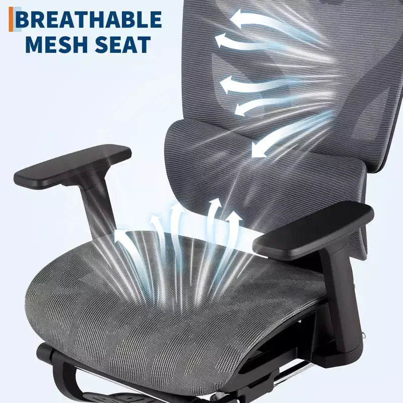 Chaise de bureau ergonomique avec repose-pieds, chaise de bureau en maille avec support lombaire réglable, appui-tête et accoudoirs, pour le bureau
