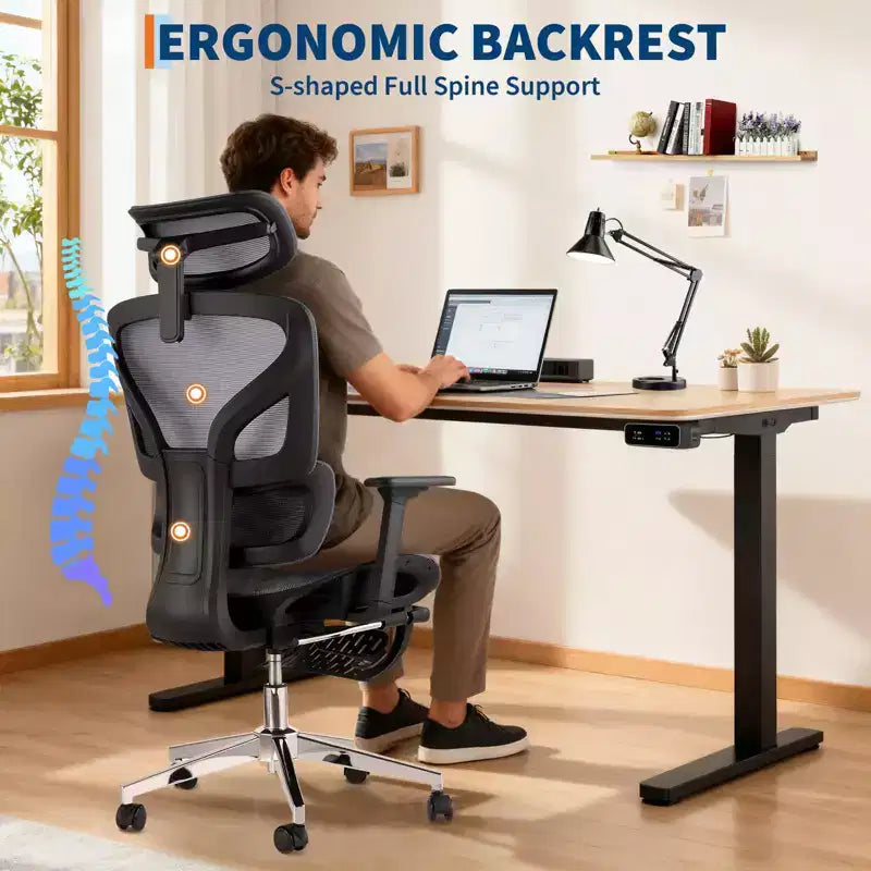 Chaise de bureau ergonomique avec repose-pieds, chaise de bureau en maille avec support lombaire réglable, appui-tête et accoudoirs, pour le bureau