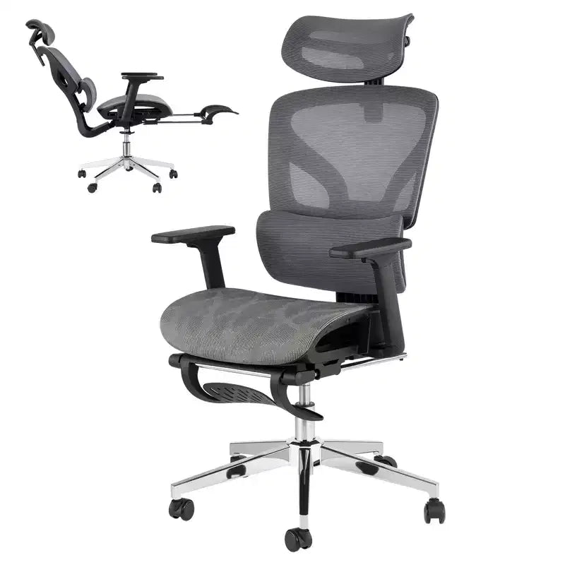 Chaise de bureau ergonomique avec repose-pieds, chaise de bureau en maille avec support lombaire réglable, appui-tête et accoudoirs, pour le bureau