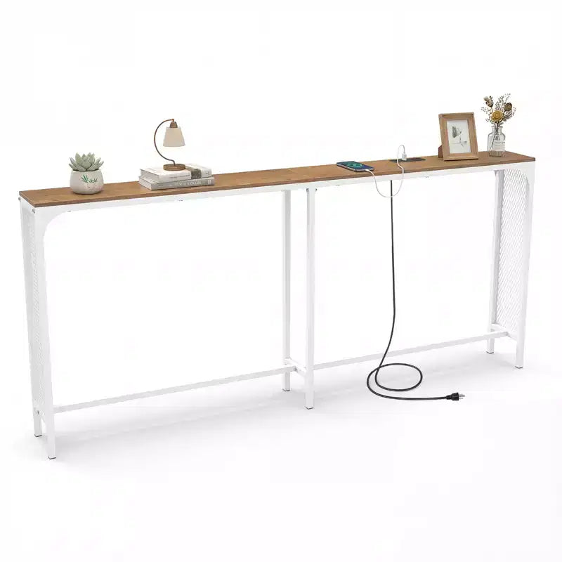 Costway 71'' Console Table w/Power Outlet Metal Frame for Hallway Foyer Living Room Natural & White