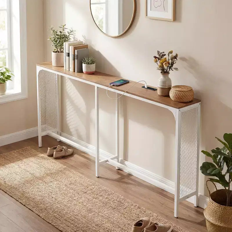 Table console Costway 71 po avec prise électrique et cadre en métal pour couloir, hall d'entrée, salon, naturel et blanc