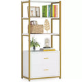 Lantine Bookcase, 4-Tier Bookshelf with 2 Drawers, Etagere Standard Book Shelves Display Shelf for Home Office (Gold/White)