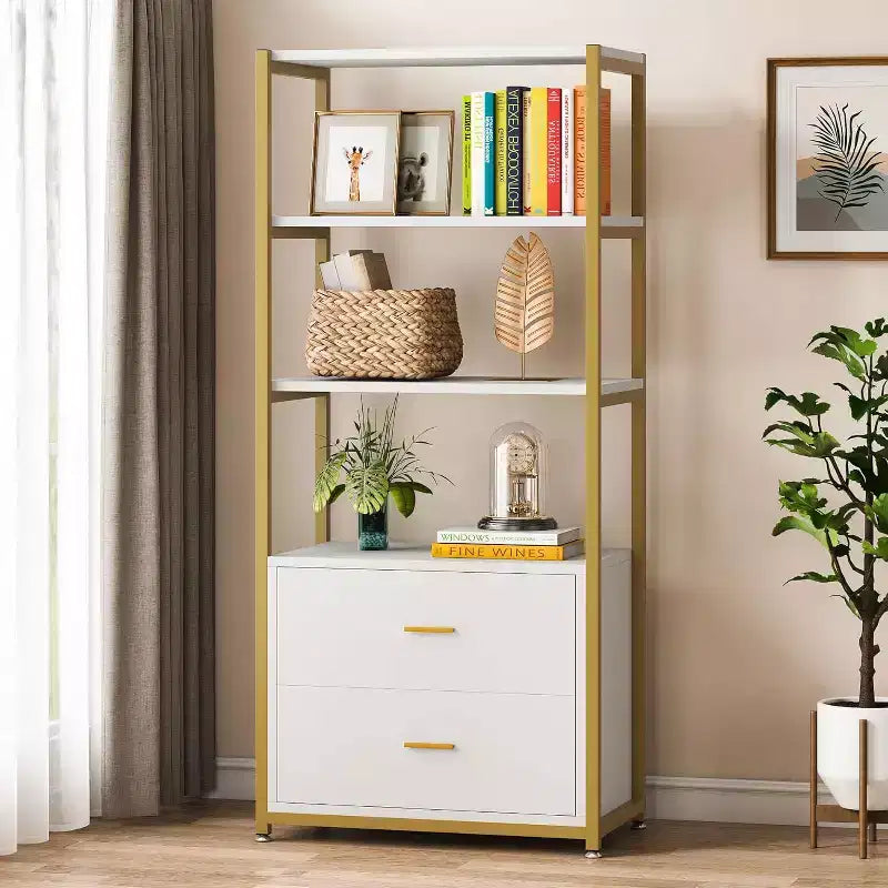 Bibliothèque Lantine, étagère à 4 niveaux avec 2 tiroirs, étagère standard pour livres, présentoir pour bureau à domicile (or/blanc)