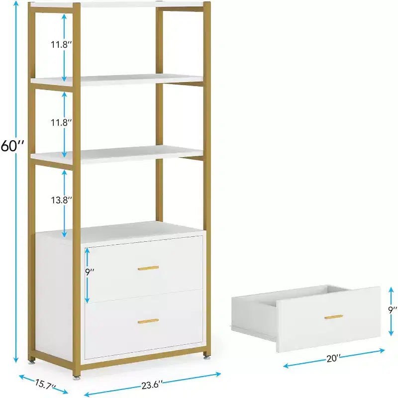 Bibliothèque Lantine, étagère à 4 niveaux avec 2 tiroirs, étagère standard pour livres, présentoir pour bureau à domicile (or/blanc)