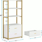 Bibliothèque Lantine, étagère à 4 niveaux avec 2 tiroirs, étagère standard pour livres, présentoir pour bureau à domicile (or/blanc)