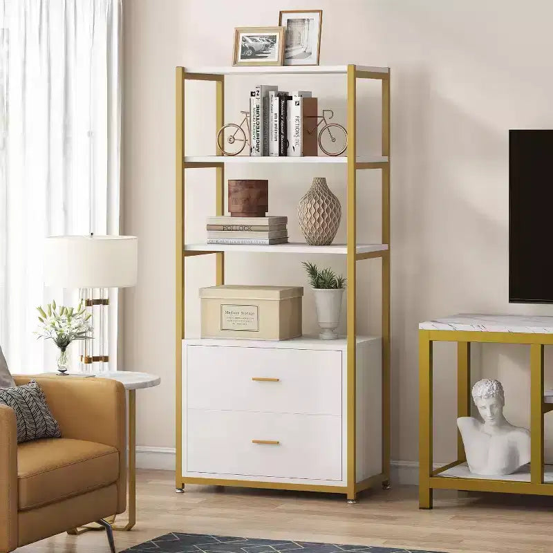 Bibliothèque Lantine, étagère à 4 niveaux avec 2 tiroirs, étagère standard pour livres, présentoir pour bureau à domicile (or/blanc)