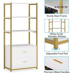 Bibliothèque Lantine, étagère à 4 niveaux avec 2 tiroirs, étagère standard pour livres, présentoir pour bureau à domicile (or/blanc)