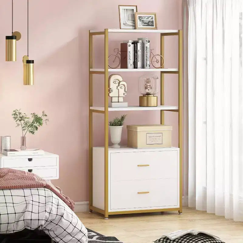 Bibliothèque Lantine, étagère à 4 niveaux avec 2 tiroirs, étagère standard pour livres, présentoir pour bureau à domicile (or/blanc)