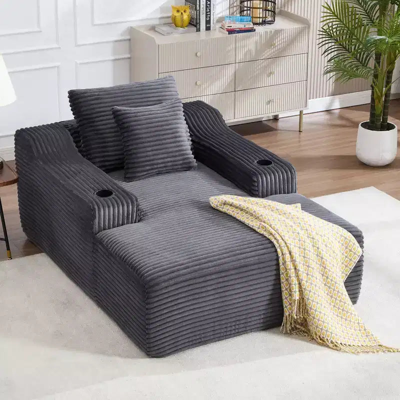 67 Chaise Longue en Velours Côtelé, Accoudoirs de 9,9 po, Fauteuil Inclinable à Siège Profond, Canapé-Lit Sans Cadre Convertible avec 2 Oreillers