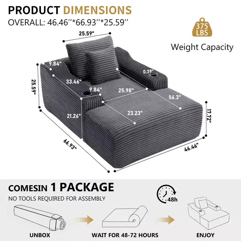 67 Chaise Longue en Velours Côtelé, Accoudoirs de 9,9 po, Fauteuil Inclinable à Siège Profond, Canapé-Lit Sans Cadre Convertible avec 2 Oreillers