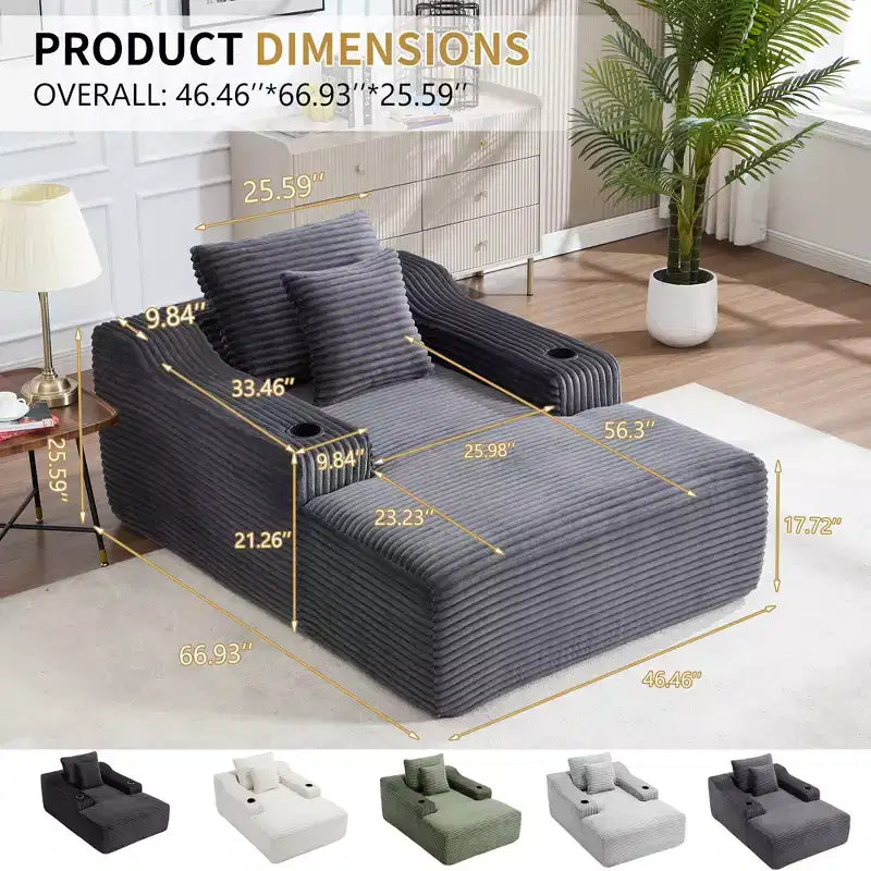 67 Chaise Longue en Velours Côtelé, Accoudoirs de 9,9 po, Fauteuil Inclinable à Siège Profond, Canapé-Lit Sans Cadre Convertible avec 2 Oreillers