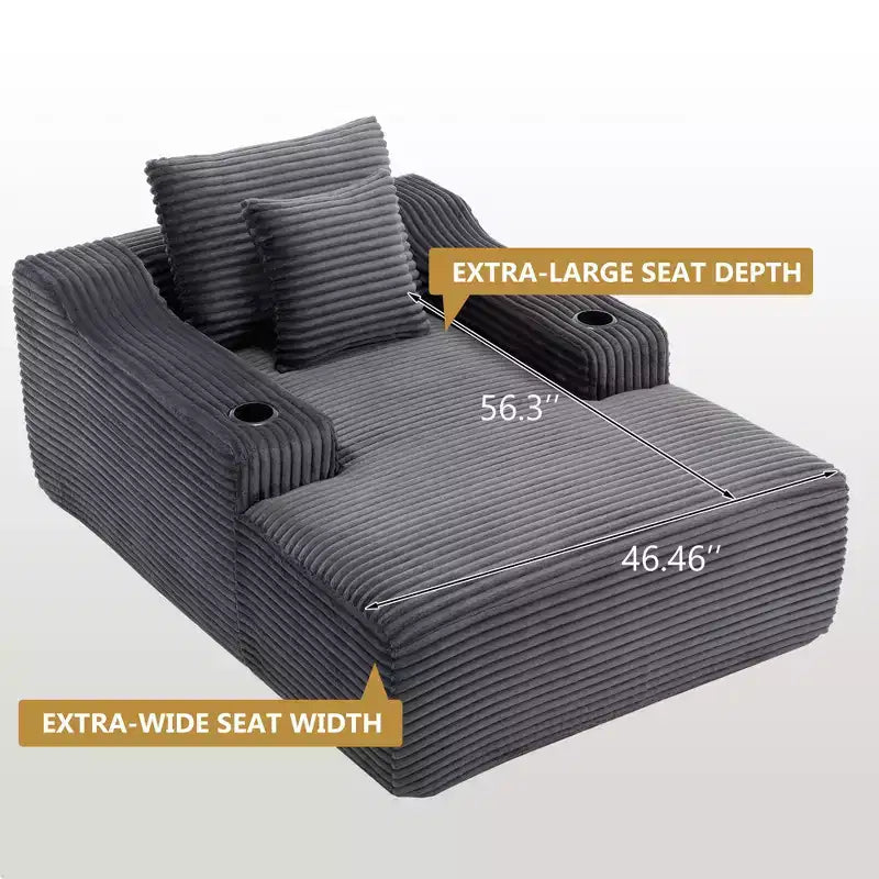 67 Chaise Longue en Velours Côtelé, Accoudoirs de 9,9 po, Fauteuil Inclinable à Siège Profond, Canapé-Lit Sans Cadre Convertible avec 2 Oreillers