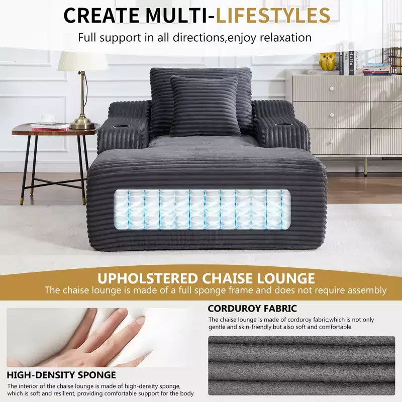 67 Chaise Longue en Velours Côtelé, Accoudoirs de 9,9 po, Fauteuil Inclinable à Siège Profond, Canapé-Lit Sans Cadre Convertible avec 2 Oreillers