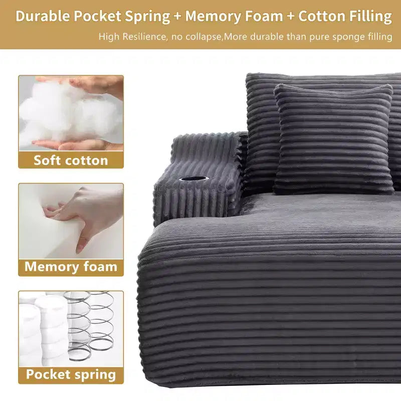 67 Chaise Longue en Velours Côtelé, Accoudoirs de 9,9 po, Fauteuil Inclinable à Siège Profond, Canapé-Lit Sans Cadre Convertible avec 2 Oreillers