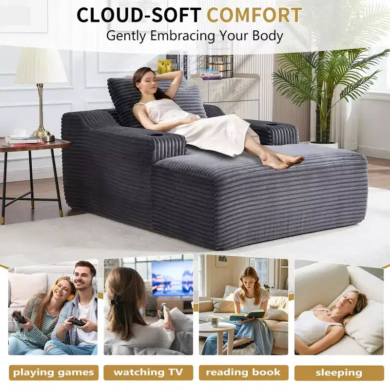 67 Chaise Longue en Velours Côtelé, Accoudoirs de 9,9 po, Fauteuil Inclinable à Siège Profond, Canapé-Lit Sans Cadre Convertible avec 2 Oreillers
