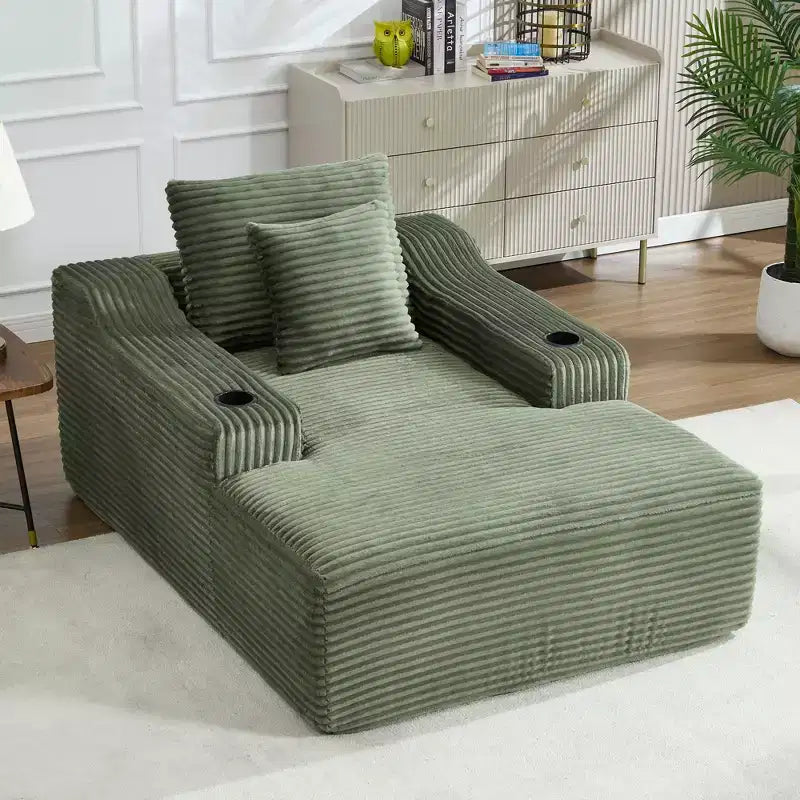 67 Chaise Longue en Velours Côtelé, Accoudoirs de 9,9 po, Fauteuil Inclinable à Siège Profond, Canapé-Lit Sans Cadre Convertible avec 2 Oreillers