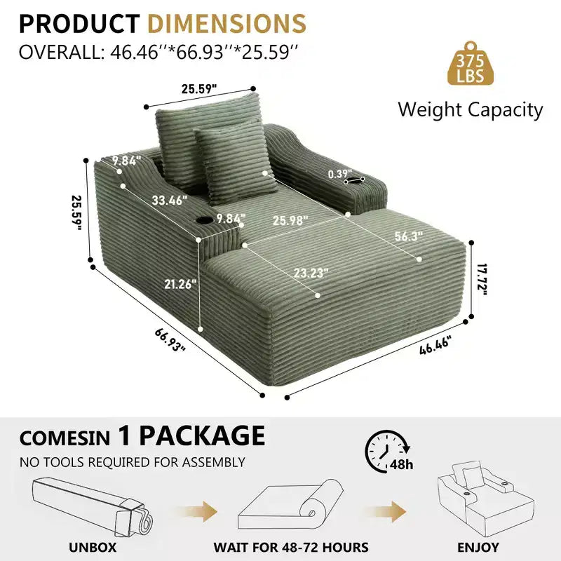 67 Chaise Longue en Velours Côtelé, Accoudoirs de 9,9 po, Fauteuil Inclinable à Siège Profond, Canapé-Lit Sans Cadre Convertible avec 2 Oreillers