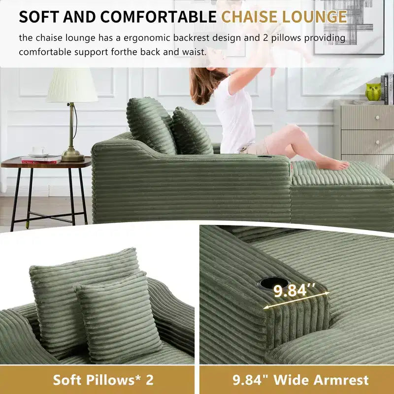 67 Chaise Longue en Velours Côtelé, Accoudoirs de 9,9 po, Fauteuil Inclinable à Siège Profond, Canapé-Lit Sans Cadre Convertible avec 2 Oreillers