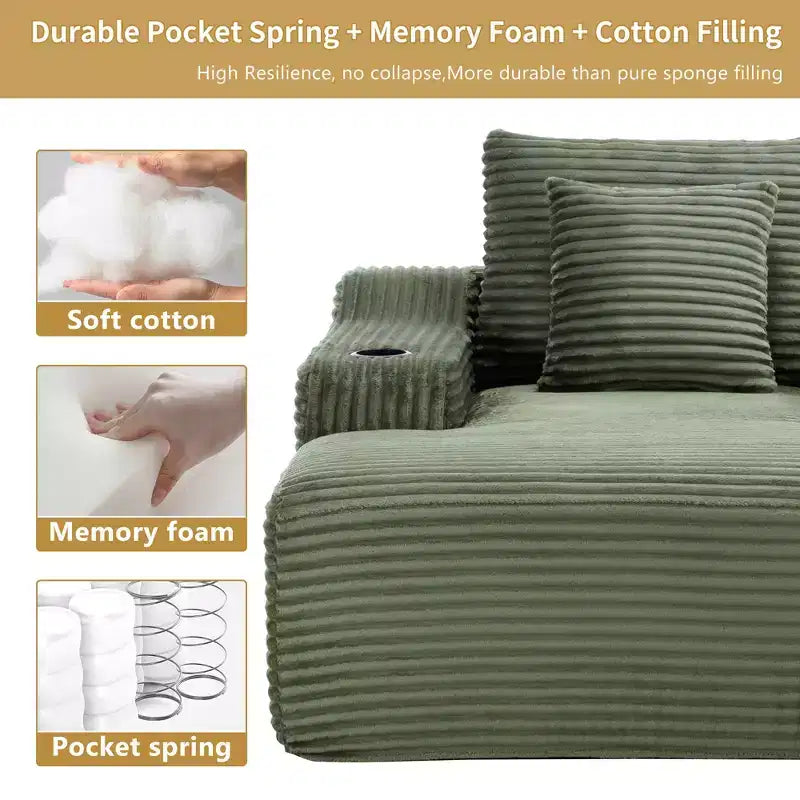67 Chaise Longue en Velours Côtelé, Accoudoirs de 9,9 po, Fauteuil Inclinable à Siège Profond, Canapé-Lit Sans Cadre Convertible avec 2 Oreillers