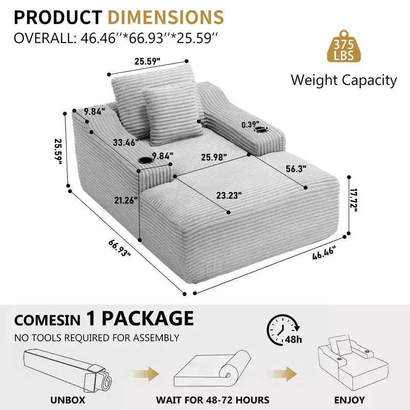 67 Chaise Longue en Velours Côtelé, Accoudoirs de 9,9 po, Fauteuil Inclinable à Siège Profond, Canapé-Lit Sans Cadre Convertible avec 2 Oreillers